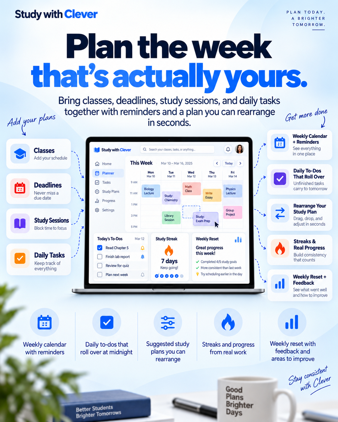 Study with Clever weekly planner with classes, deadlines, study sessions, daily tasks and progress